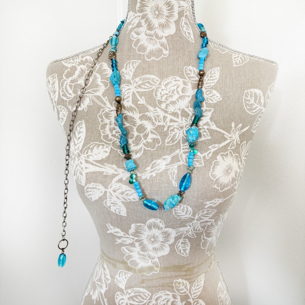 Vintage Turquoise-Tone Beaded Statement Necklace / Convertible Waist Belt, Extra